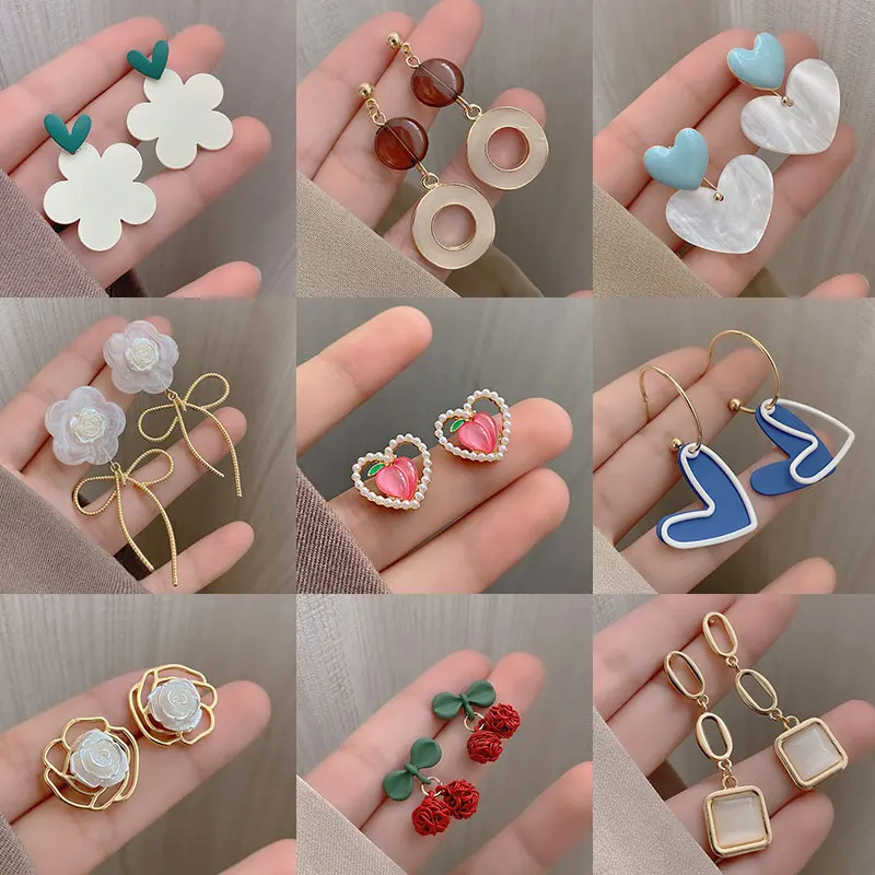 

French White Camellia Flower Stud Earrings For Women S925 Silver Needle Elegant Blue Heart Dangle Drop Earring Party Jewelry