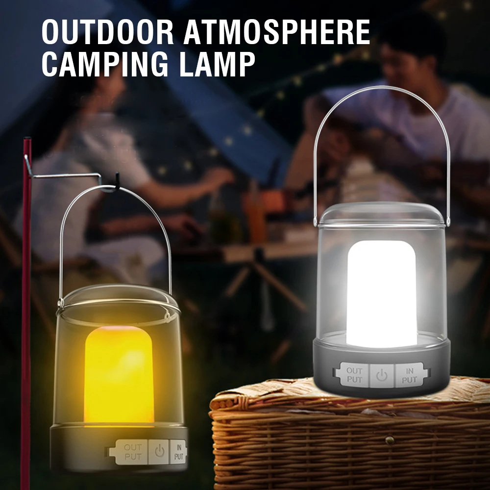 Portable Camping Lantern Retro Lamp Type-C Rechargeable  Light Flame Lamp 3 Modes  Outdoor Lighting Camping Equipment