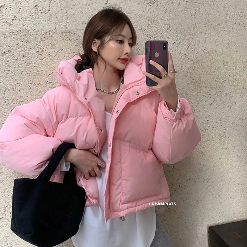 

New 2023 Korean Winter Thicked Warm Bread Coat Candy Color All-match Casual Parkas Chic Button Zip Hooded Cotton Jacket MY521