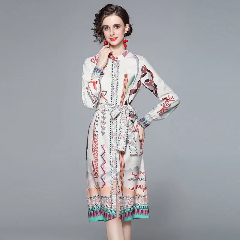 

2022 Fashion Brand Designer Straight Shirt Dress Women Long Sleeve Single-breasted Animal Printed Vintage Midi Party Vestidos