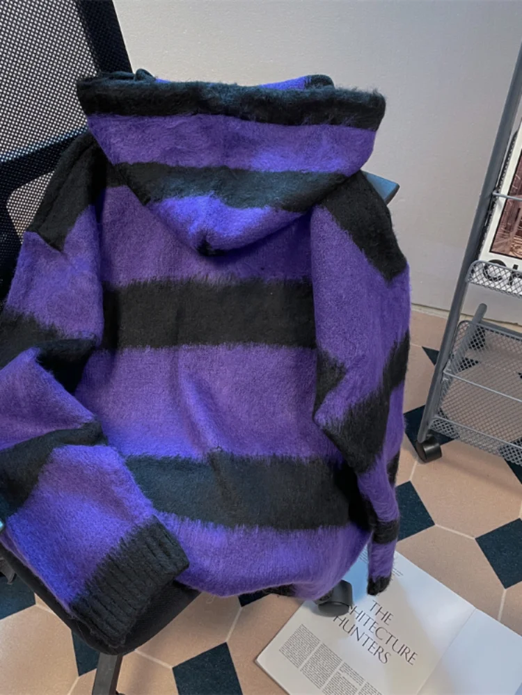 Женский винтажный Кардиган со звездами Y2k полосатый мохеровый свитер с капюшоном