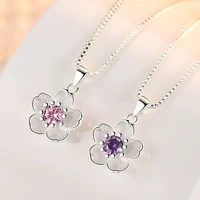 925 stamp silver color chains and necklaces for women neck jewelry charm pink purple peach blossom pendant wedding birthday
