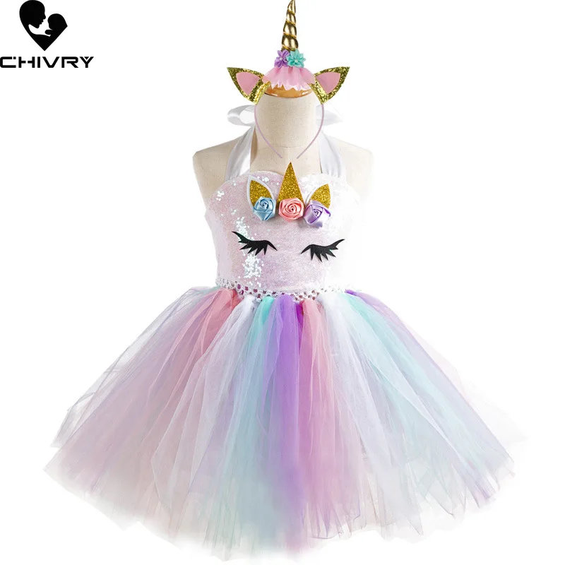 

Girls Dresses Kids Girl Rainbow Sequin Gauze Cartoon Unicorn Cosplay Puffy Performance Children Princess Dress with Headwear