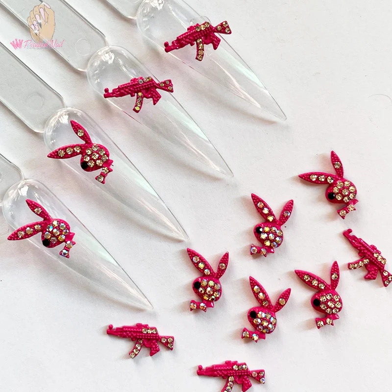 10pcs Pink Rhinestones Rabbit Gun Nail Charms 3D Alloy Jewelry Luxury Nail Parts Nail Art Decortions Manicure Accessories