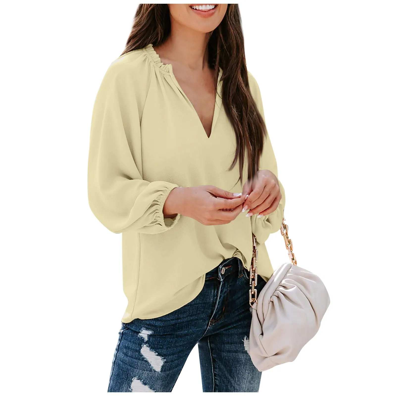 

Женский модный Повседневный однотонный топ с длинным рукавом и V-образным вырезом