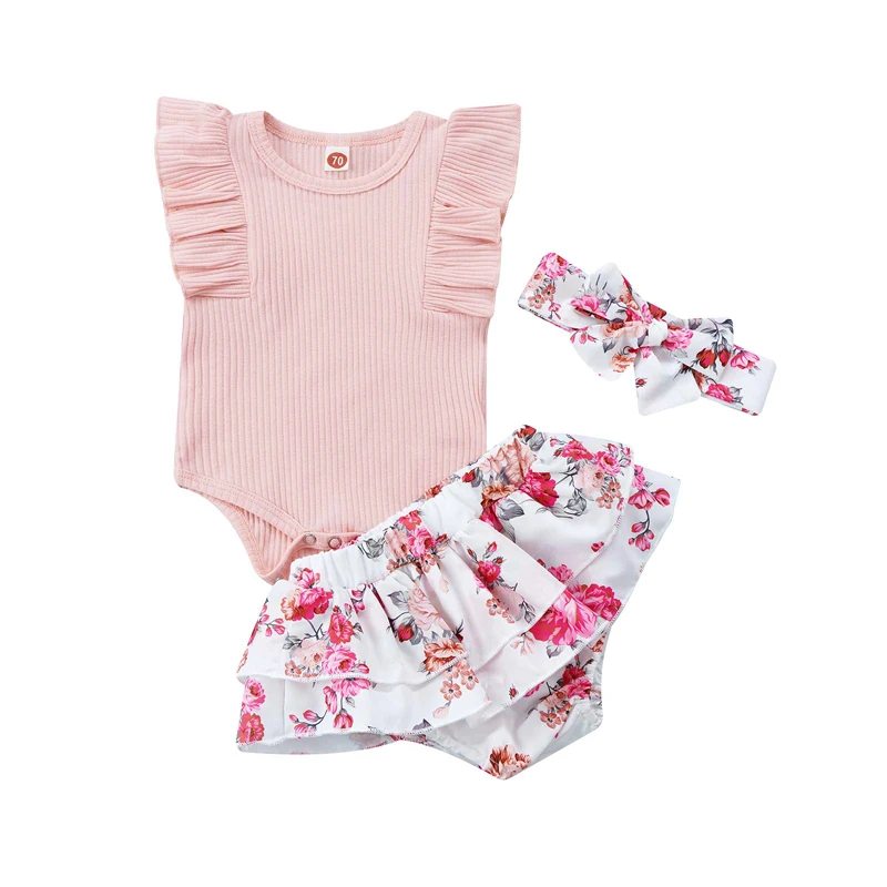 

3Pcs Baby Girls Outfit, Ribbed O-Neck Sleeveless Romper + Floral Layered Pantie + Headband for Toddler, 0-18 Months