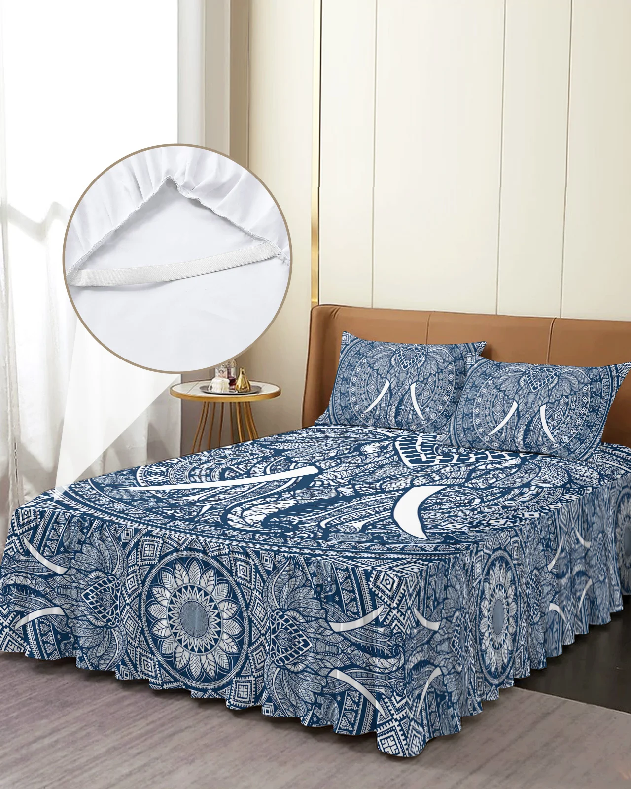 

Синее богемное постельное белье с мандалой и слоном, эластичное покрывало с наволочками, наматрасник, Комплект постельного белья, простыня