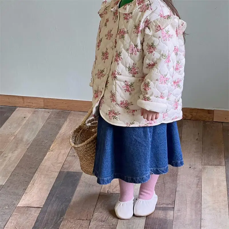 

Парка с отложным воротником для девочек, однобортная Милая Повседневная модная верхняя одежда с цветочным принтом и длинными рукавами, для зимы