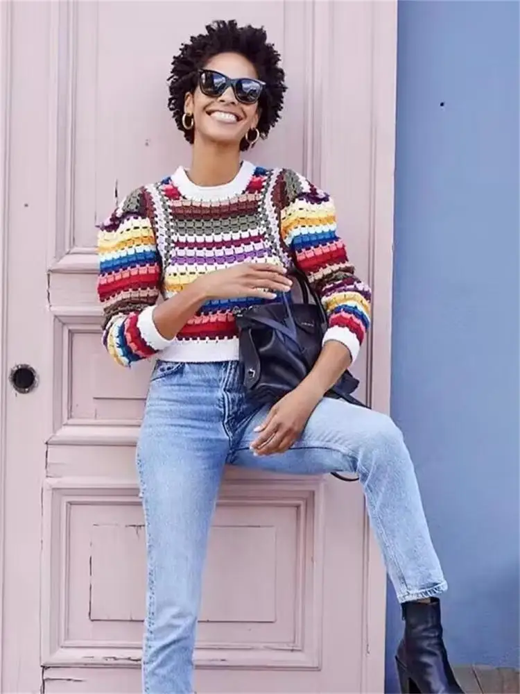 

Женский свитер ручной вязки, короткий пуловер с рукавами-воланами, в радужную полоску, в стиле ретро, с круглым вырезом, топы для ранней осени, 2023