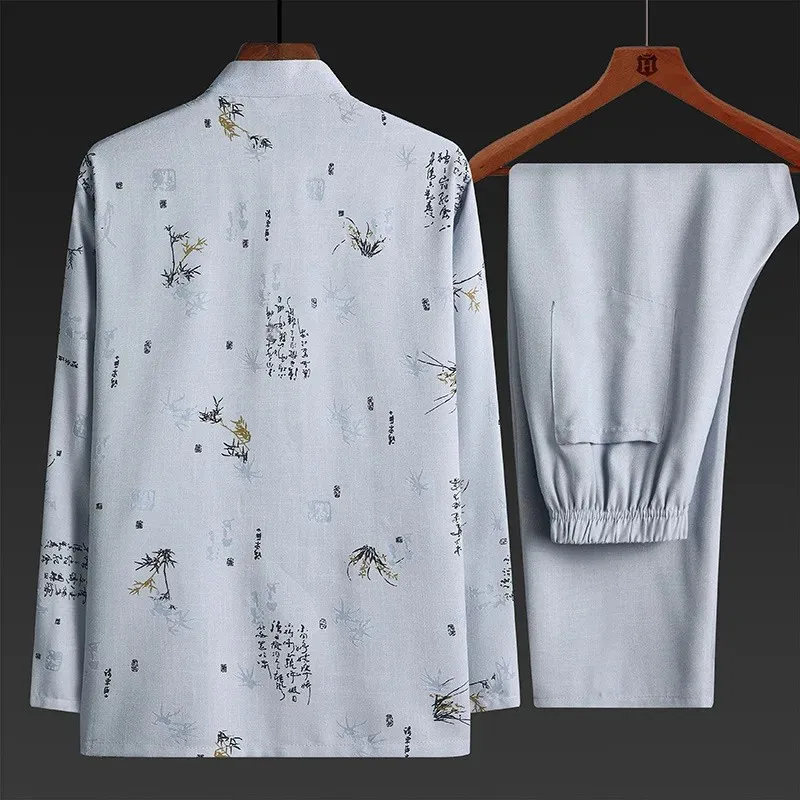 Весна-лето хлопково-льняной мужской повседневный костюм с длинными рукавами