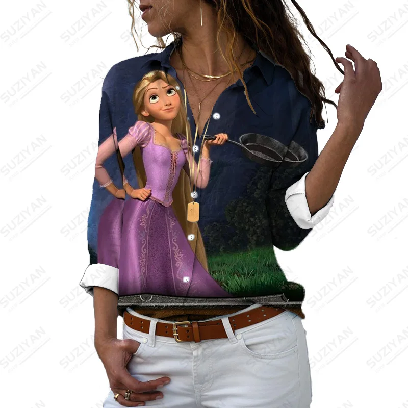 Spring and Autumn Lapel Single Breasted Long Sleeve Shirt Disney Princess Series Elegant Fashion Loose Shirt Long Sleeve Top