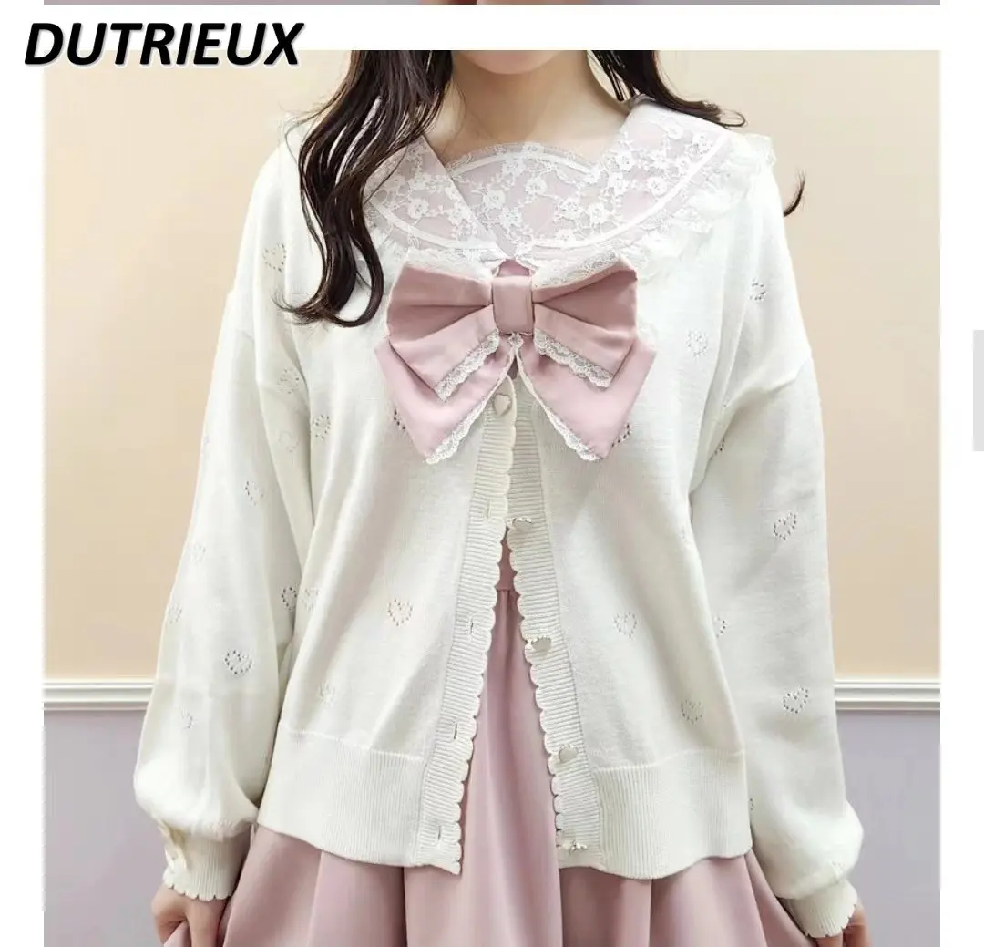 

Japanese Spring and Autumn Hollow Heart Button Sweet Cardigan All-Matching Outer Wear Long Sleeve Loose Solid Color Coat
