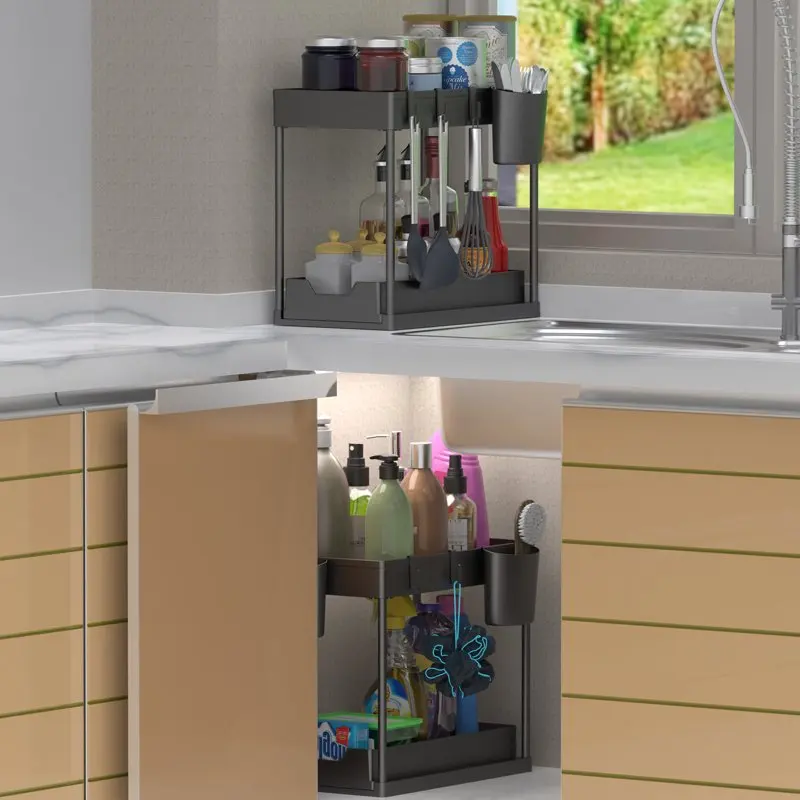 

2 Pack Multi-Purpose Cleaning Supplies Organizer, Durable 2 Tier Bathroom Restroom Kitchen Cabinet Shelf with 6 Cup 8 Hooks Sink
