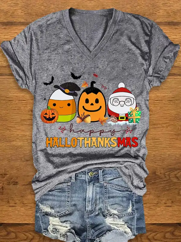 

Women's Happy hallothanksmas Print V-Neck Short Sleeve Christmas T-Shirt