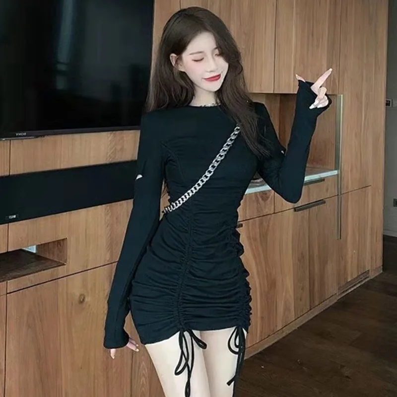 

Spring Small Fresh Drawstring Design Women Dress Simple Solid Color Hole Round Neck Long Sleeve Slim Dress ASDQWE1