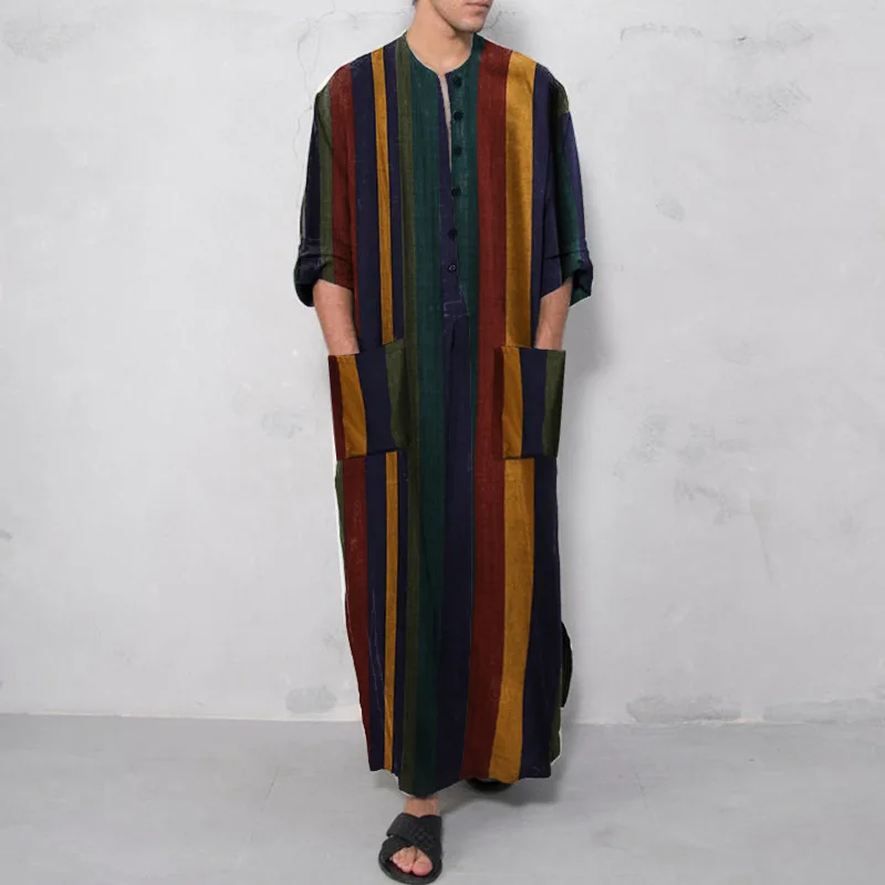 Men's Nightgown Robes Arabian Striped Shirt Ethnic Clothing Long Sleeves Retro Kimono House Skirt Cotton Bathrobe Lingerie