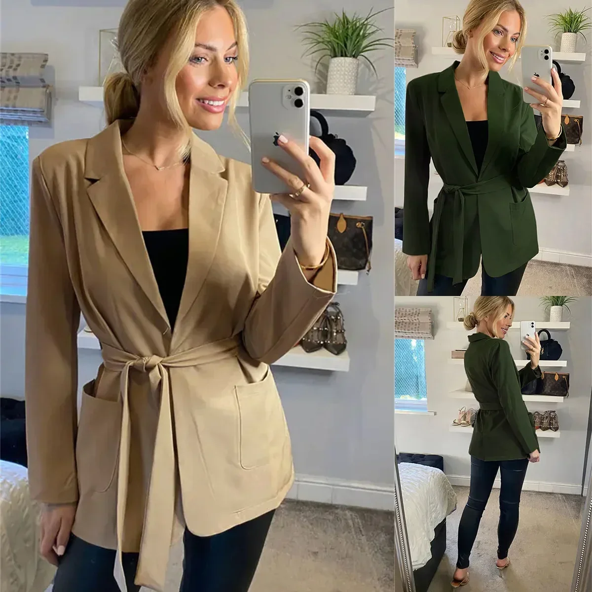 Женская Осенняя новая однотонная куртка с двумя карманами