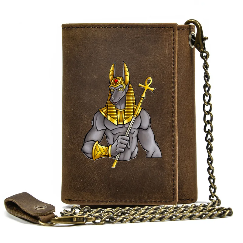 

High Quality Men Genuine Leather Wallet Anti Theft Hasp With Iron Chain Vintage Pyramid Anubis Cover Card Holder Short Purse