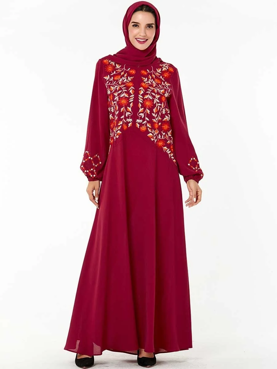 

Muslim Fashion Women Dubai 2023 New Arab Dress Embroidered Casual Long-sleeved Pleated Loose Dress (Excluding Headband)