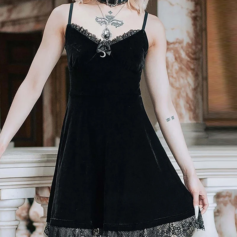 

Gothic Dress Women Vintage y2k Elegant Lace Sexy Dress E-Girls Emo Alt Velvet Ruffles Lolita Slip Dress Sleeveless Women 2022