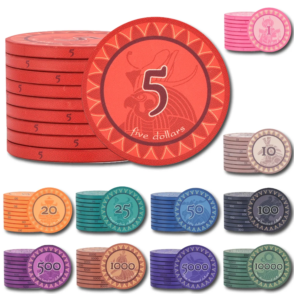 10pcs/Set Premium Ceramics Par Value Chips 39mm 10g Egyptian Pharaoh Texas Hold'em Poker Gambling Casino Wholesale Dropship