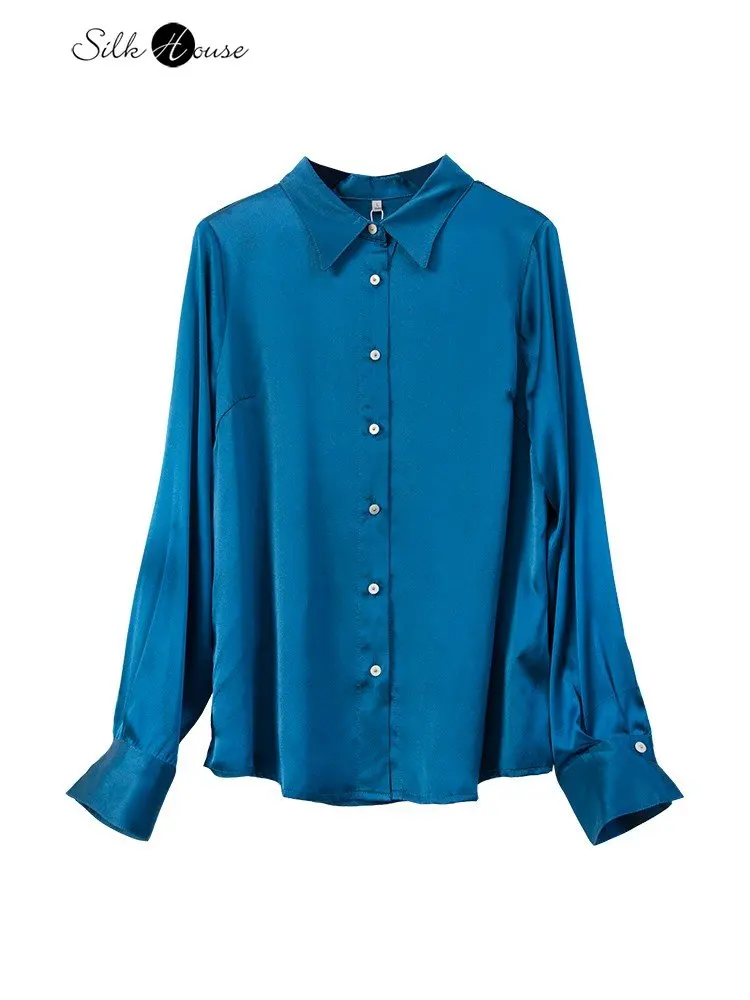 

Женская модная Однотонная рубашка из шелка тутового шелкопряда павлина синего цвета дышащая гладкая рубашка 2023