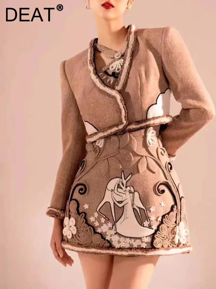 DEAT 2024 осенний женский комплект из 2 предметов контрастный цвет пальто с лямкой на