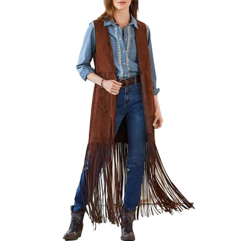 

Western Fringed Vest Boho-chic Fringe Vest 70s Hippie Cardigan with Patch Pockets Cowboy Cosplay Vibes for Women Fringed Vest