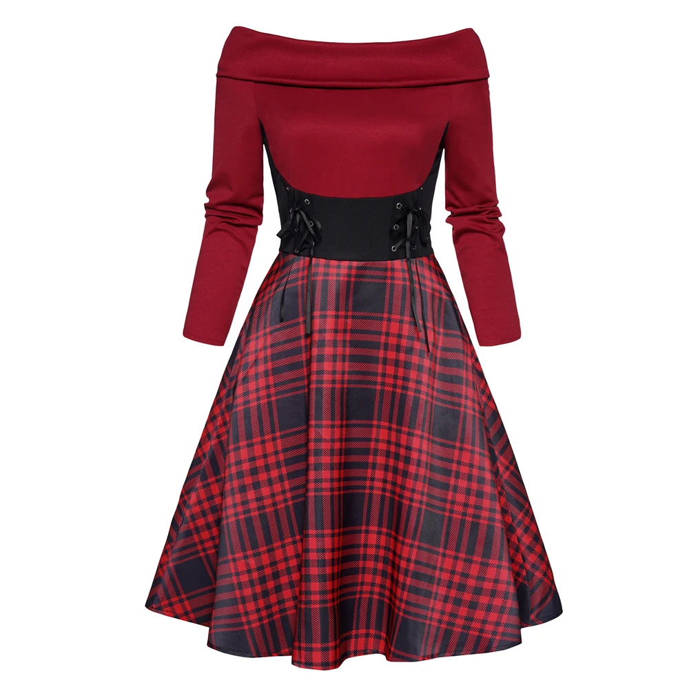 

Plaid Print Panel Lace Up High Waisted Off The Shoulder Foldover Long Sleeve Women Dresses Woman'S Clothing