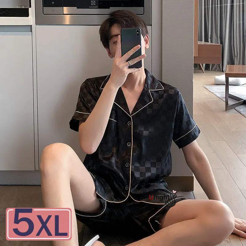 Новинка 2022 Летняя короткая черная шелковая пижама в клетку для мужчин 2 шт.