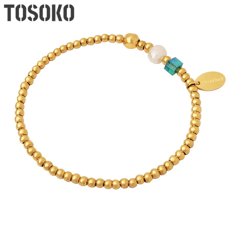 TOSOKO-pulsera de bolas de acero inoxidable para mujer, brazalete de perlas ovaladas de agua dulce con alfabeto inglés, joyería, BSE351