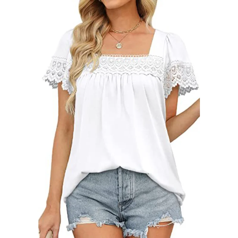 

2023 Summer Women's Tops New Square Neck Lace Splice Short Sleeve Casual Soild T-shirt Female Tshirt Vintage Tees Para Mujer