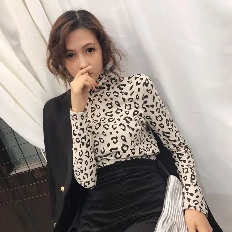 Женская футболка с леопардовым принтом осенне-зимняя Водолазка длинным рукавом