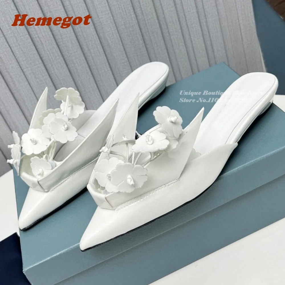 

Мюли женские с острым носком, однотонные кожаные шлепанцы на плоской подошве, элегантная летняя обувь, пикантные сандалии с цветами, белые, 2023