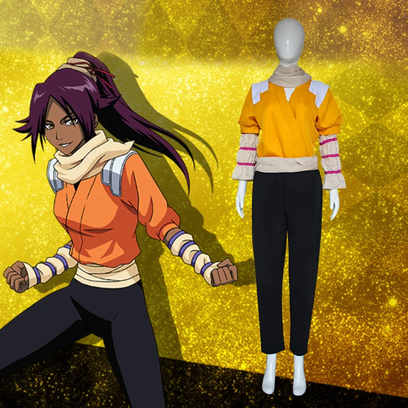 

Anime Bleach Shihouin Yoruichi Cosplay Costume Yellow Long Sleeves Pants Full Set Wig Halloween Christmas Party Clothes