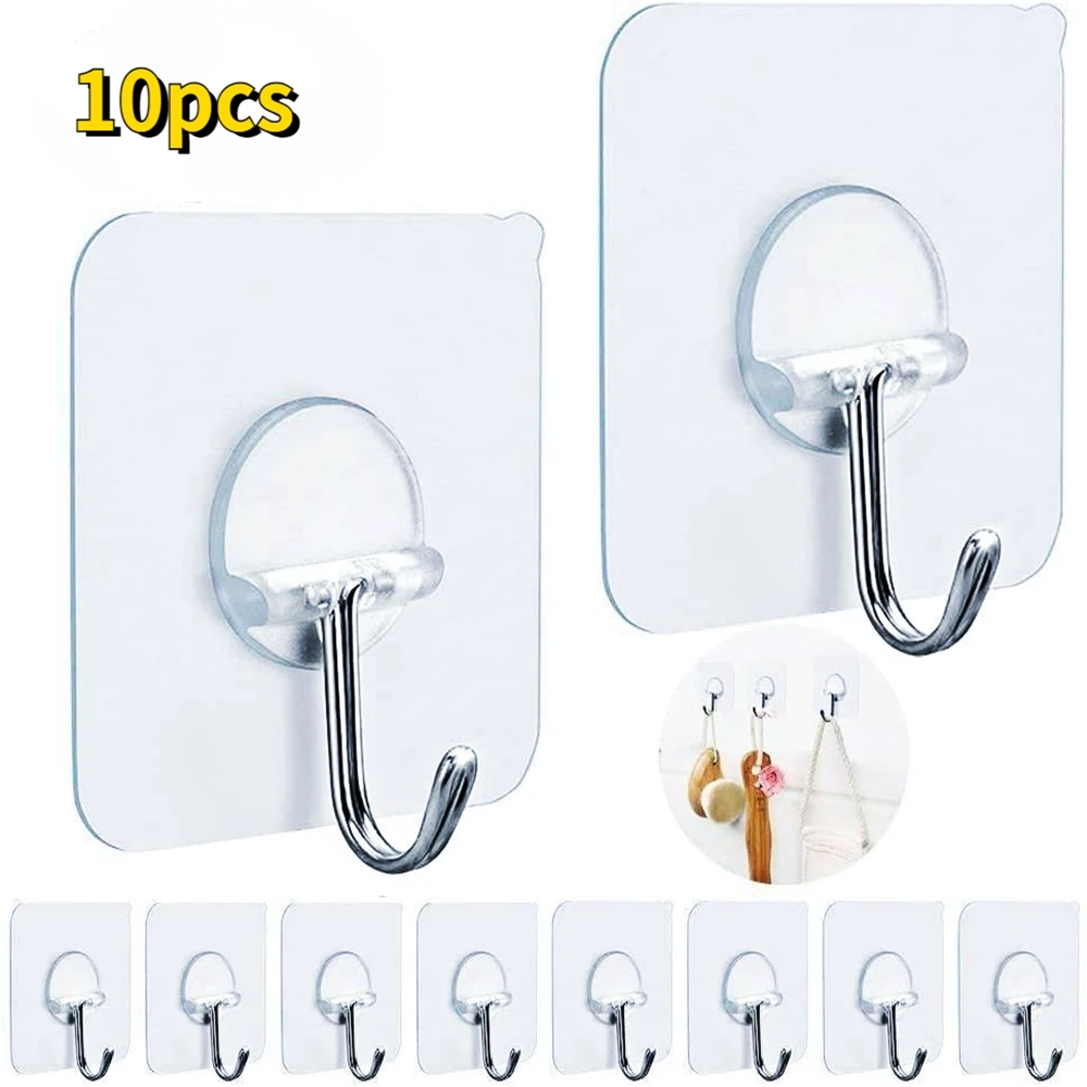 10 Pcs Wall Hook Transparent Strong Self-adhesive Key Coat Towel Door Hanger Hooks for Hanging Kitchen Bathroom Storage Rack