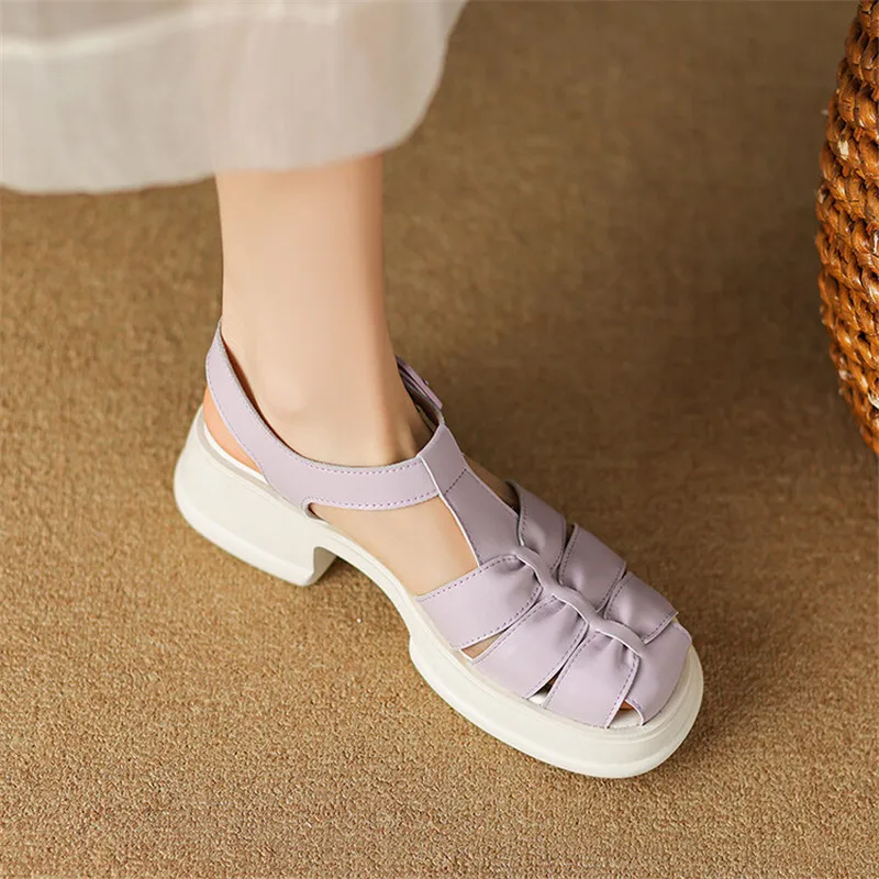 

2023 Summer Sandals Women Roman Shoes Round Toe Chunky Heel Shoes for Women Handmade Hollow Out Platform Sandals Zapatos Mujer