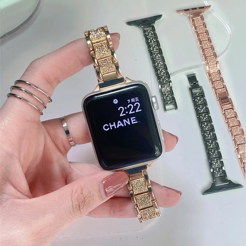 

Женский тонкий ремешок для apple watch se 44 мм 543 38 40 мм 42 мм, тонкий браслет из нержавеющей стали для iwatch серии 7 41 45 мм, браслет со стразами