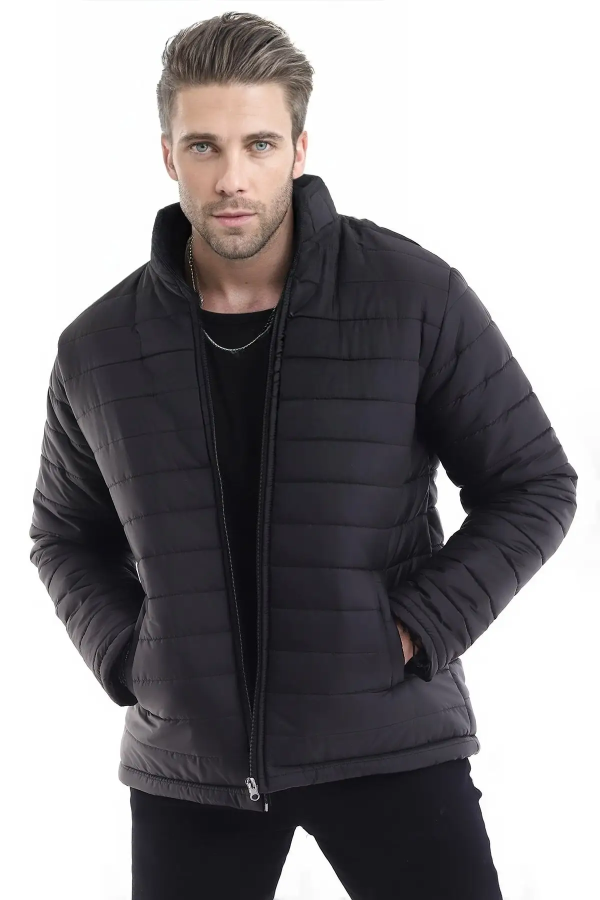 Men's Black Windproof Stand Collar Winter Coat