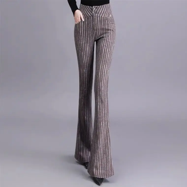 

Women Fashionable Loose Bell BottomsTrousers Elegant Striped Buttons Casual High Waist Wide Leg Pants Women Flare Trousers M507