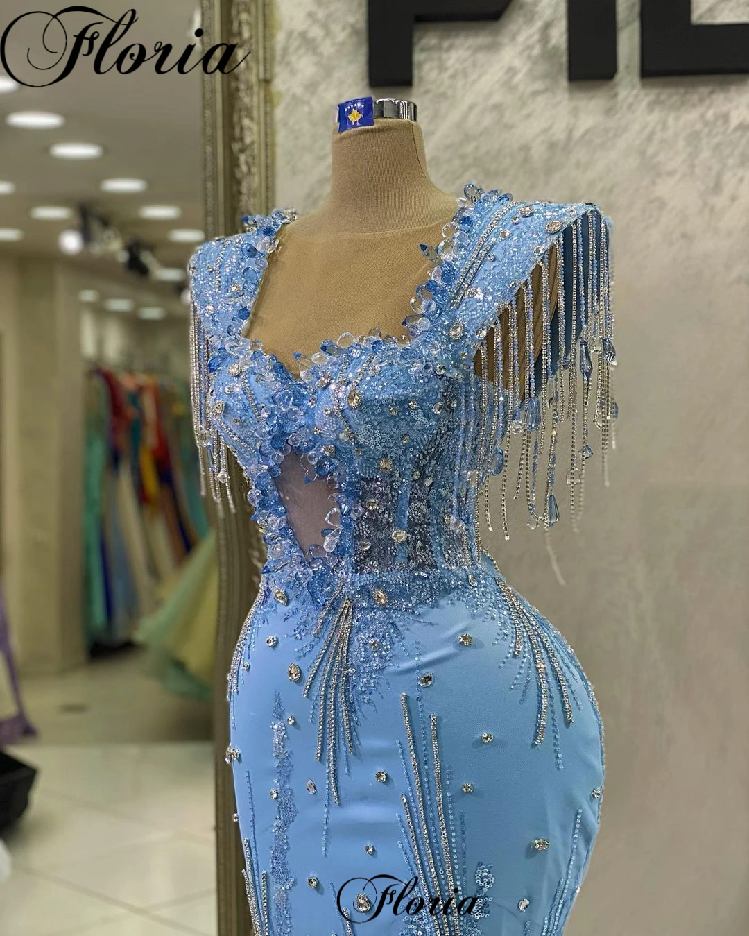 

Blue Mermaid Evening Dresses With Crystals Sleeveless Designed Prom Dresses Turkish Coutures Pageant Gowns Robes De Soirée