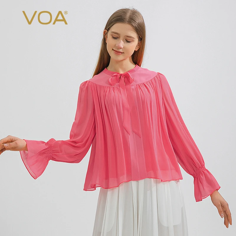 

VOA Georgette Mulberry Silk Pink V-neck Trumpet Sleeve Streamer Stitching Refreshing Breathable Sweet Lady Silk T-shirt BE1062
