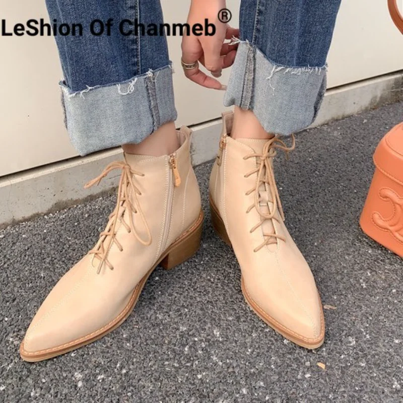 

LeShion Of Chanmeb Women Cow Split Leather Cross-tied Western Short Boots Square Heels Zipper Pointy Toe Ankle Boots Fall Winter