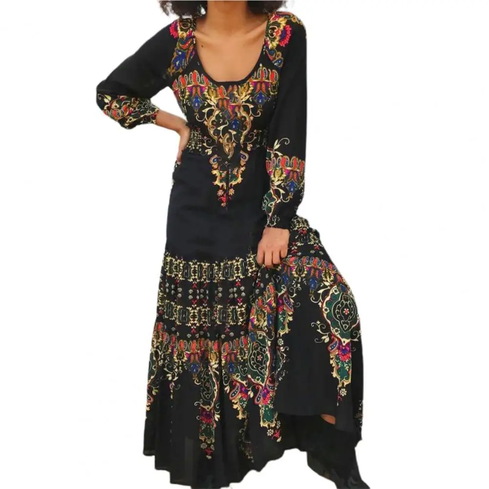 

Women Dress Retro Floral Print Contrast Boho Long Dress Print Large Hem Spring Summer Sexy Pleated Long Dress for Party Vestidos