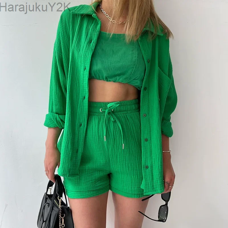 Летний женский костюм короткие костюмы муслиновый для женщин 2024 Женская одежда