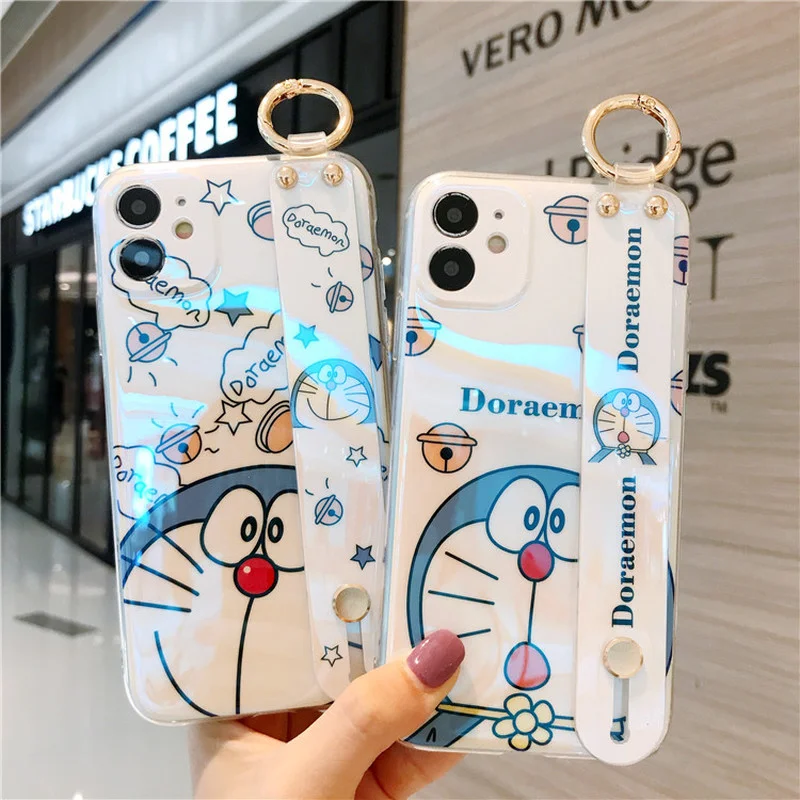 

Милый аниме чехол для телефона Doraemon BANDAI для iPhone 11 12 Pro Max X XR XS 7 8 Plus, мягкий чехол с синим лучом и ремешком на запястье, оптовая продажа