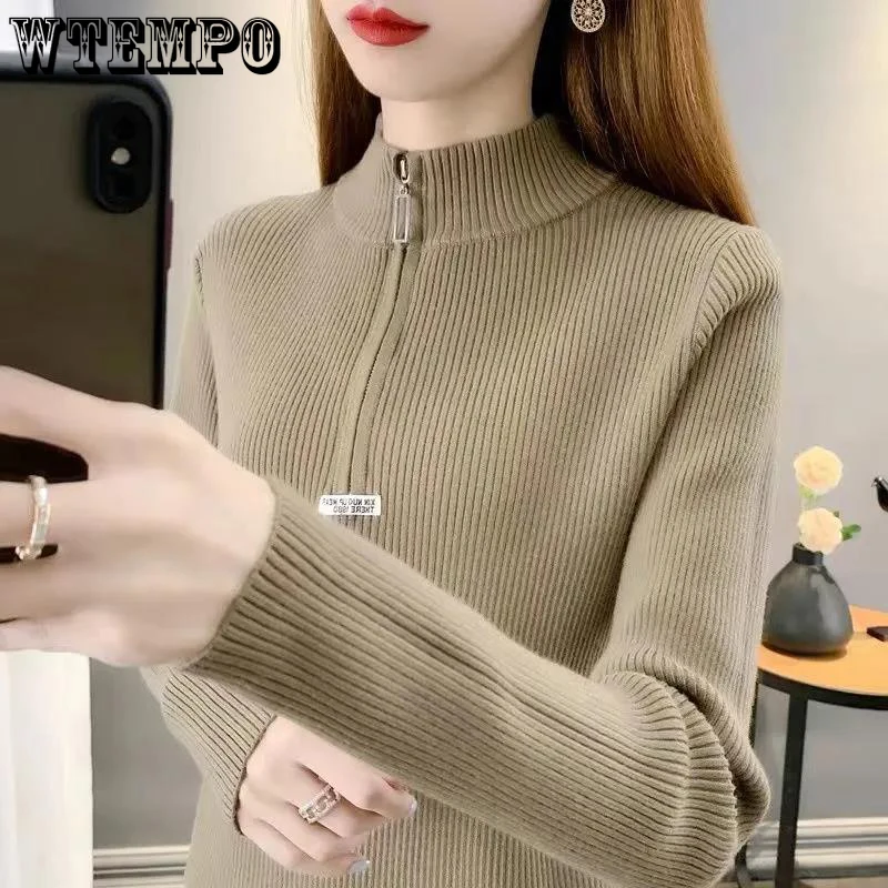 

Новинка, свитер с воротником-стойкой, джемперы, Женский пуловер на молнии, вязаная Базовая рубашка большого размера, облегающие топы, осень ...