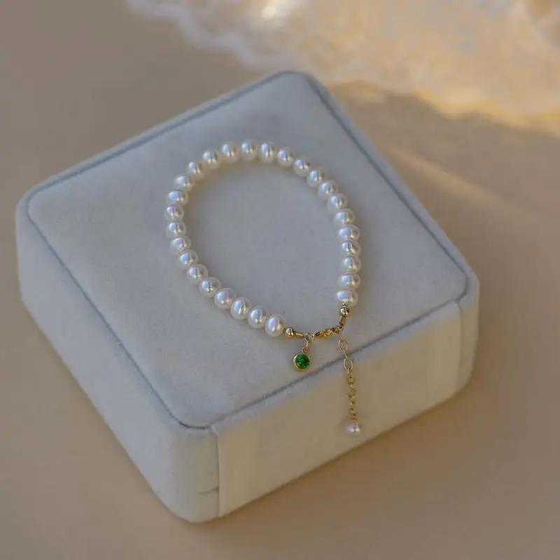 

ALLNEWME Dainty Freshwater Pearl Strand Bracelets for Women Lady Titanium Steel Green Color CZ Cubic Zirconia Beaded Bracelet
