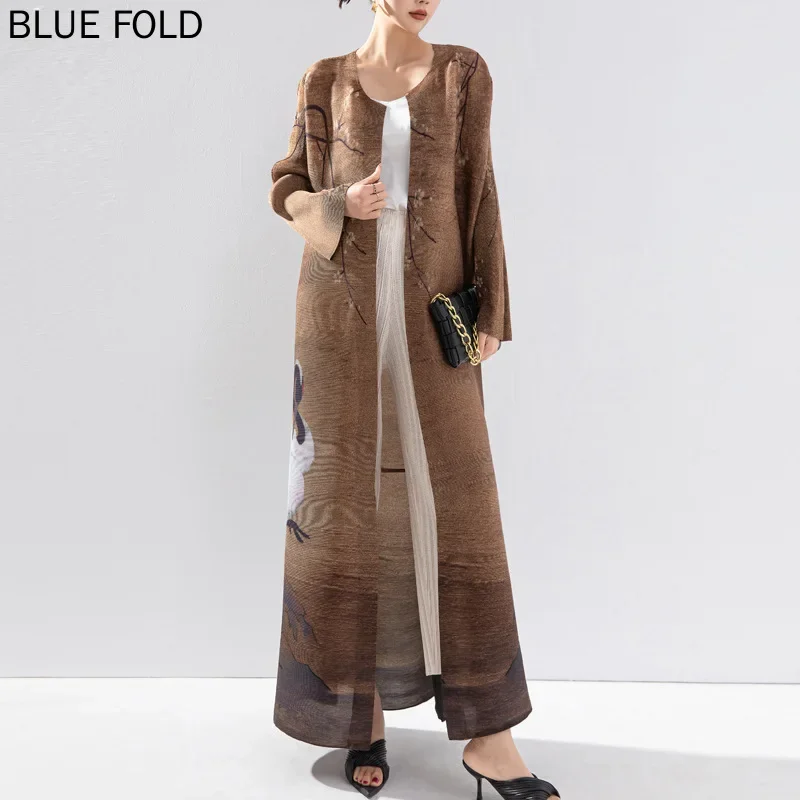 MIYAKE-Женский плиссированный плащ кардиган с круглым вырезом длинная ветровка