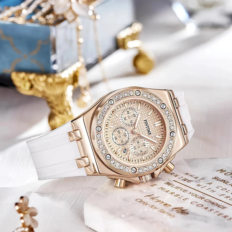 PINTIME Luxury Women Quartz Watch Simple Minimalist Female White Wriatches Stylish Silicone Band Rhinestone Wrist Watches Clock enlarge